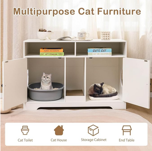 Cat Litter Box Enclosure with Storage and Double Rooms-White