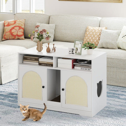 Cat Litter Box Enclosure with Storage and Double Rooms-White