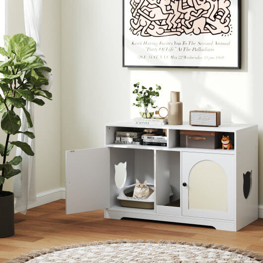 Cat Litter Box Enclosure with Storage and Double Rooms-White