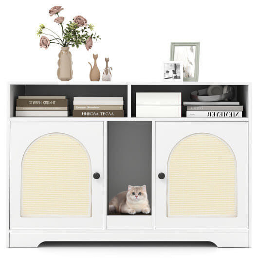 Cat Litter Box Enclosure with Storage and Double Rooms-White