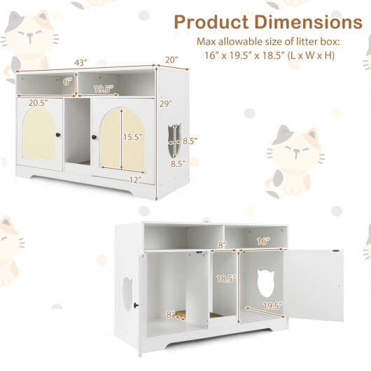 Cat Litter Box Enclosure with Storage and Double Rooms-White