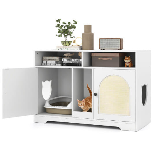 Cat Litter Box Enclosure with Storage and Double Rooms-White