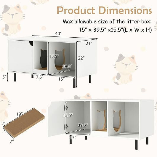 Cat Litter Box Enclosure for 2 Cats Hidden Cat Washroom- White