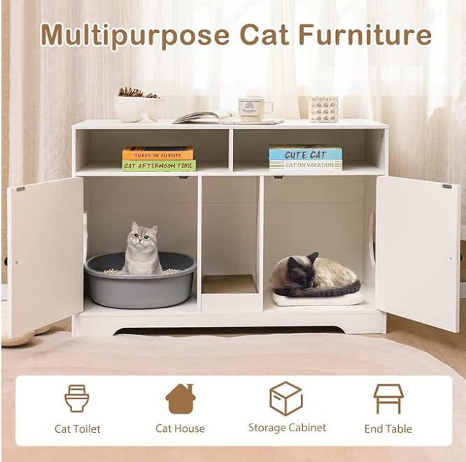 Cat Litter Box Enclosure with Storage and Double Rooms-White