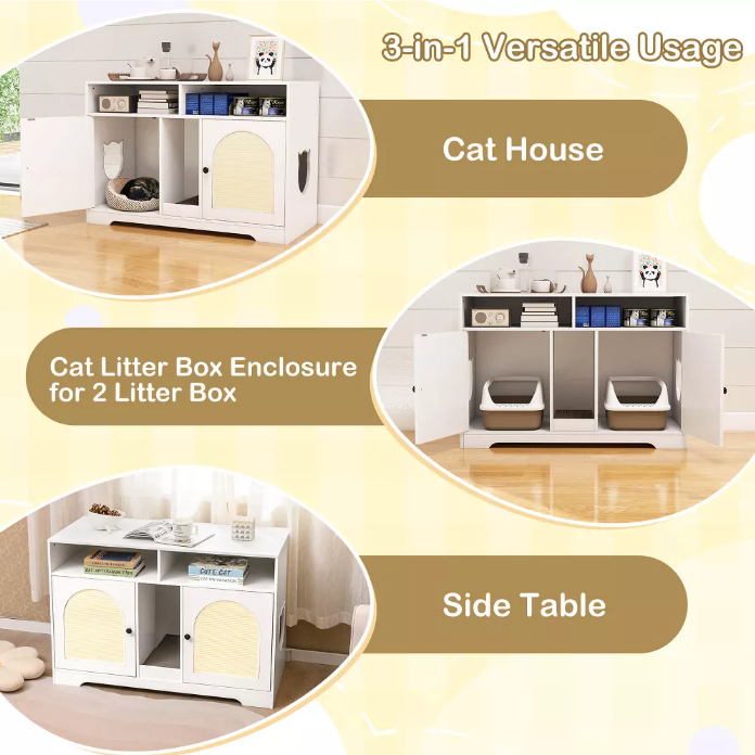 Cat Litter Box Enclosure with Storage and Double Rooms-White