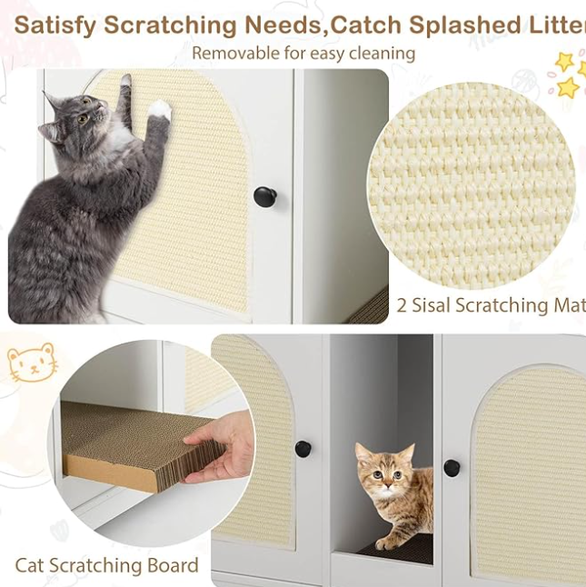 Cat Litter Box Enclosure with Storage and Double Rooms-White
